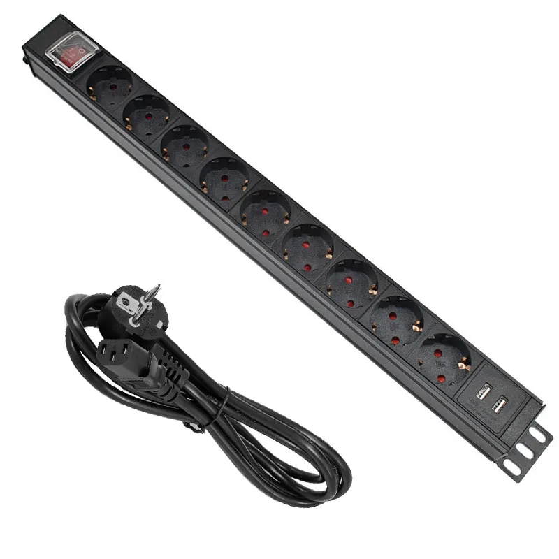 

9 Ways PDU Power Strip EU Power Strip Socket with IEC-C14 Port Outlet extend with Circuit Breaker Switche 2 USB