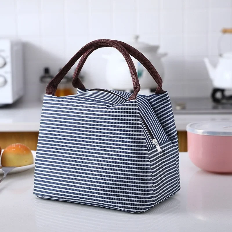 Striped Insulated Lunch Bag, Portable Cooler Tote, Thermal Food Pouch With Handle For Office Worker Picnic Bento Box Storage