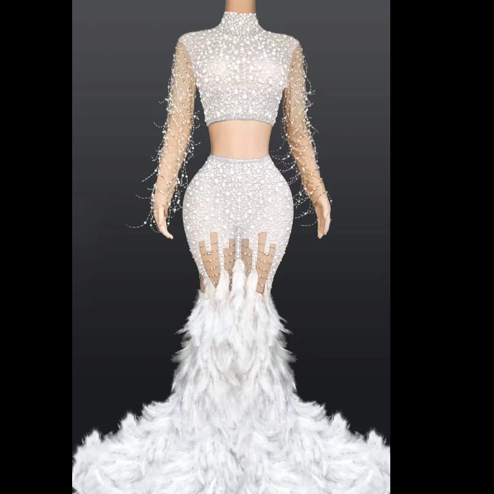 فستان نسائي متعدد الألوان 2026 لؤلؤي بأكمام طويلة مثير وريش زائدة لحفلات الزفاف المسائية القماش قاعة الرقص ملابس المسرح