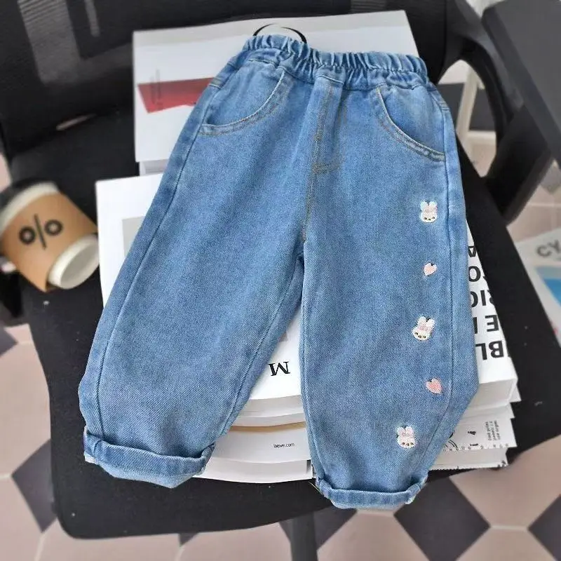 Children's Straight Leg Jeans Spring and Autumn 2026 New Collection Girls' Love Embroidered Water Washed Soft Jeans Baby Pants
