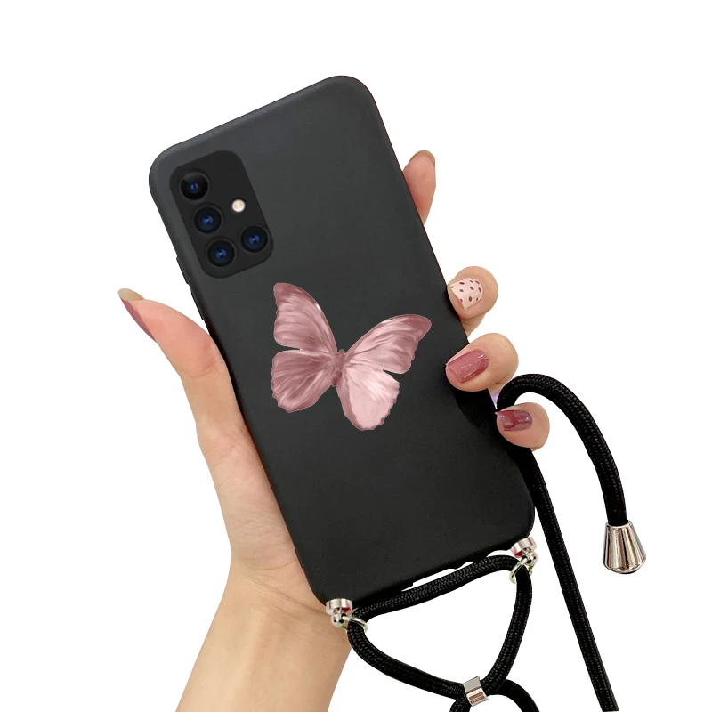 Silicone Lanyard Case for Samsung Galaxy A5 2017 A6 A7 A8 J4 J6 2018 Plus S22 S21 FE S20 S10 S9  butterfly Rope Cover