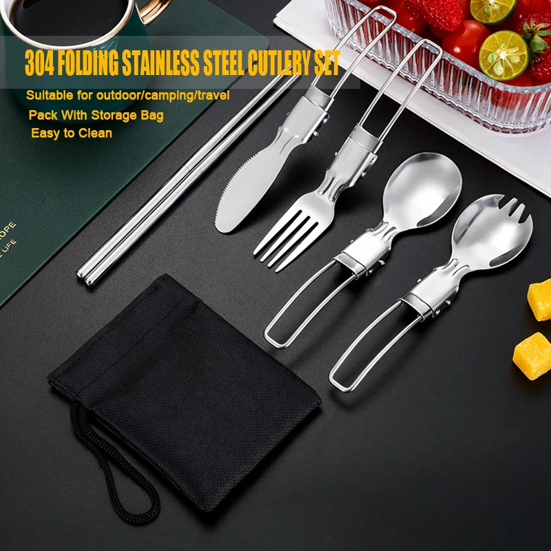 

6pc/set Portable Folding Stainless Steel Cutlery set with storage bag Spoon Fork food Knife Chopsticks Tableware Set for Outdoor