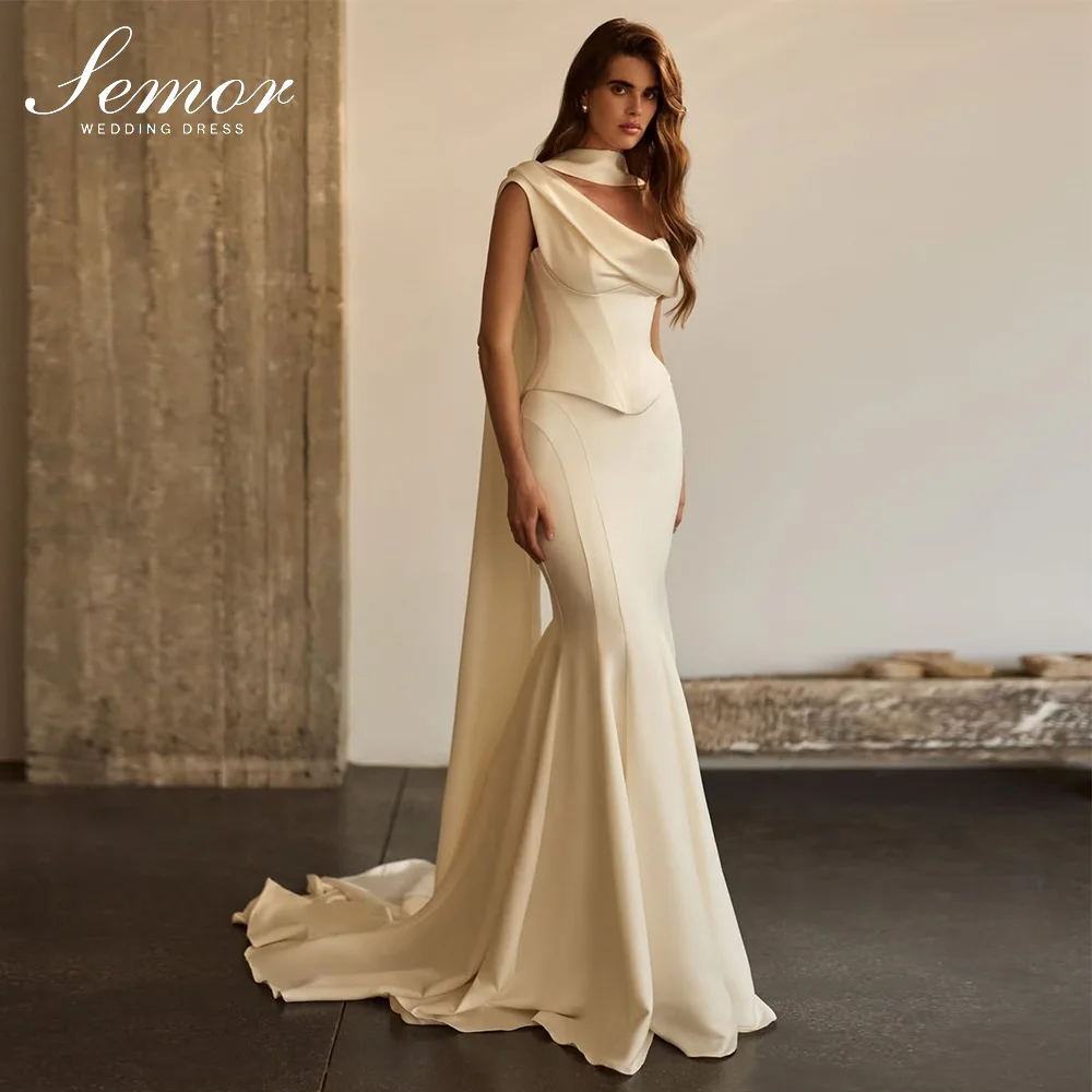 Semor Elegante schulterfreie Satin-Brautkleider mit Schal, maßgeschneidert, 2026 Meerjungfrauen-Brautkleid mit Hofschleppe, Robe De Mariée