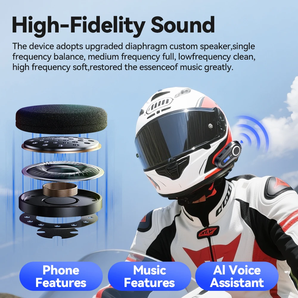 NOYAFA Q08 auriculares para casco de motocicleta efecto de sonido EQ pantalla LCD HD IPX6 impermeable estéreo Radio FM auriculares Bluetooth