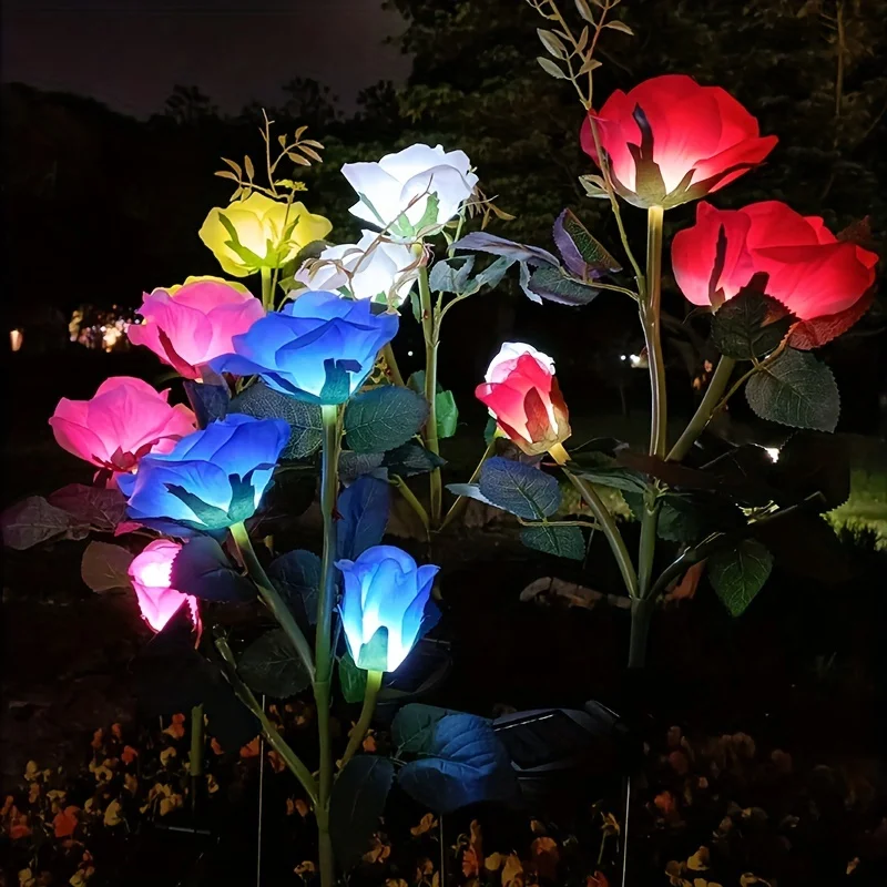 5Pack Garden Solar Decorative Light Outdoor Waterproof Realistic Artificial Rose Flower for Backyard Pathway Porch Step Memorial