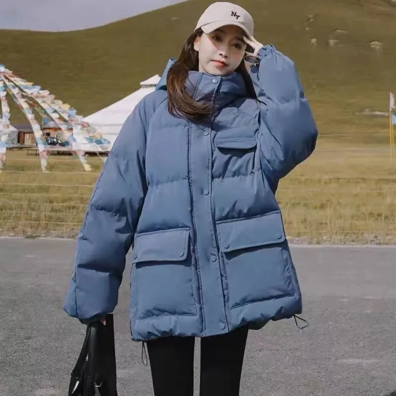 2025 New Women's Loose Plus Thick Winter Hooded Flannel Coat Versatile Solid Color Down Jacket Winter Foggy Blue Women's Coat