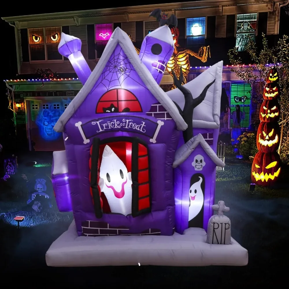 

7FT Halloween Inflatables Outdoor Decorations, Animated Haunted House Castle Halloween Blow Up Yard Decorations with LED Lights