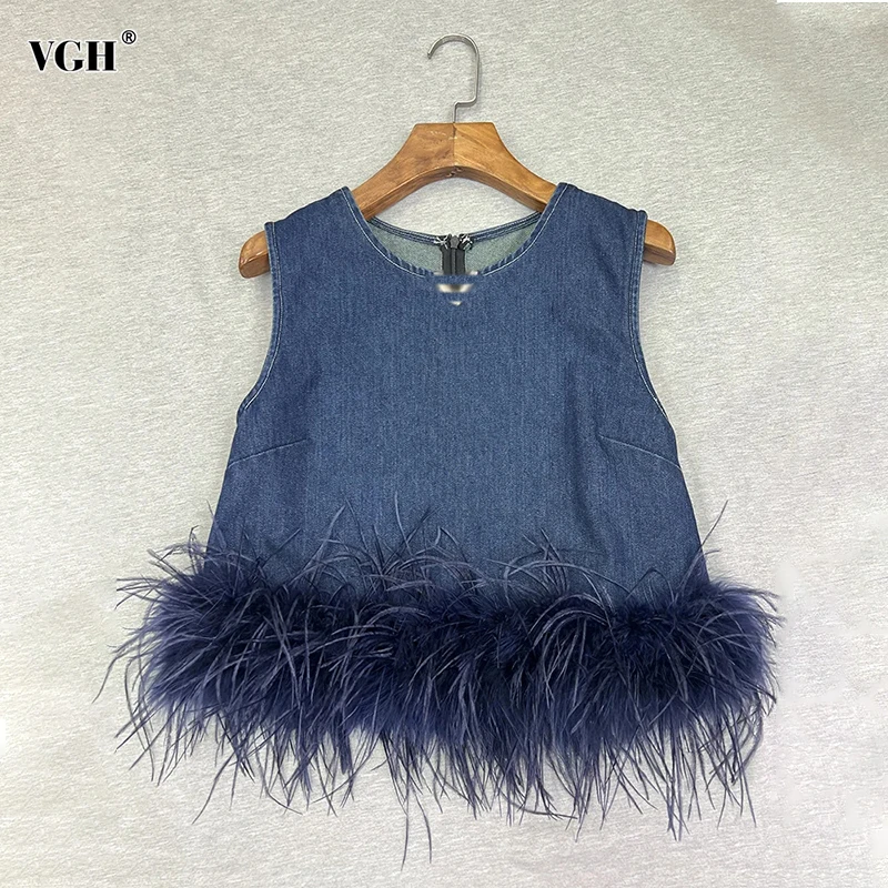 

VGH Casual Patchwork Feathers Loose Tank Tops For Women Round Neck Sleeveless Spliced Zipper Minimalist Denim Vests Female New