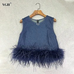 VGH Casual Patchwork Feathers Loose Tank Tops For Women Round Neck Sleeveless Spliced Zipper Minimalist Denim Vests Female New