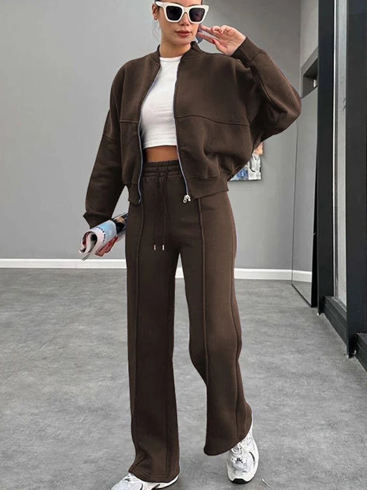 FSMG Conjunto de pantalones y sudadera informal, chaquetas con cremalleras sólidas, pantalones holgados de cintura alta con cordones, pantalones de cintura elástica, trajes, ropa deportiva de 2 piezas