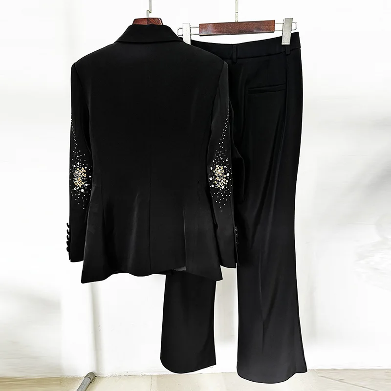 2025 Star Fashion New Heavy Industry Nail Bead Hot Stamping Suit Jacket Long Pants Two-Piece Set