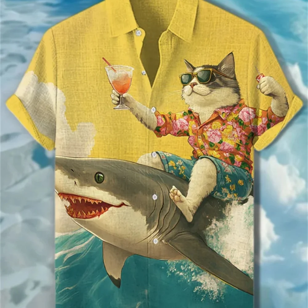 

Men's plus Size Hawaiian Style Short Sleeve Shirt Sea Shark Cat Print Lapel Button up Casual Breathable Linen Streetwear