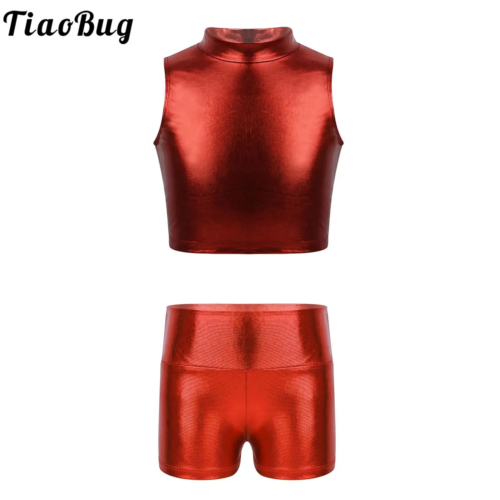 

Kids Girls Metallic Gymnastics Ballet Dance Outfits Sleeveless Crop Top with Shorts Workout Jazz Hip Hop Performance Dancewear