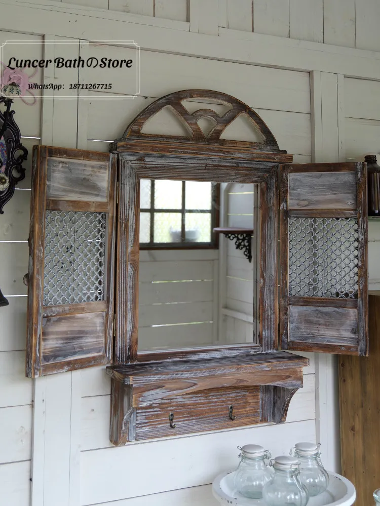 American Country Faux Window Wall Decor, Vintage Distressed Wood Window Frame for Living Room, Cafe, Farmhouse Rustic Art