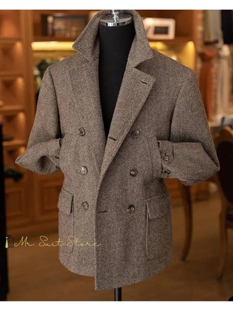

Мужской винтажный твидовый пиджак с узором «елочка» в британском стиле, двубортное легкое повседневное спортивное пальто, официальная куртка