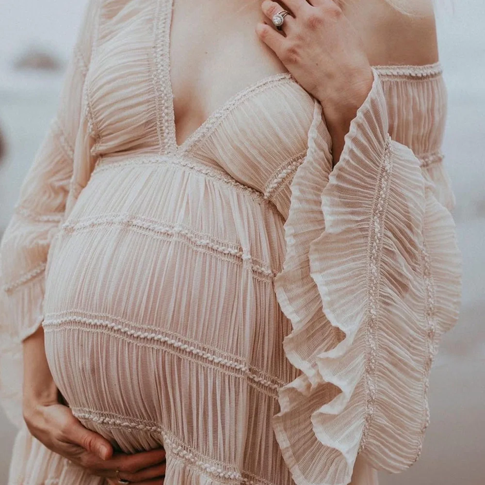 Boho Maternity Dresses For Photo Shoot Sexy V-neck Pleated Chiffon Long Sleeve Ruffle Pregnancy Dress Women\'s Photography Gowns