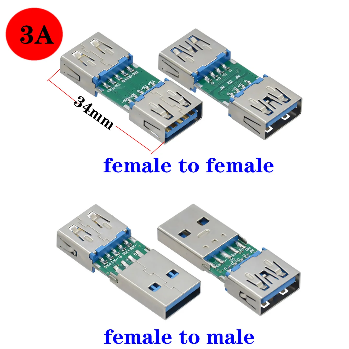 100pcs USB Multi-function Test Board USB 3.0 USB  Female to Male Female  High Current Adapter PCB Board