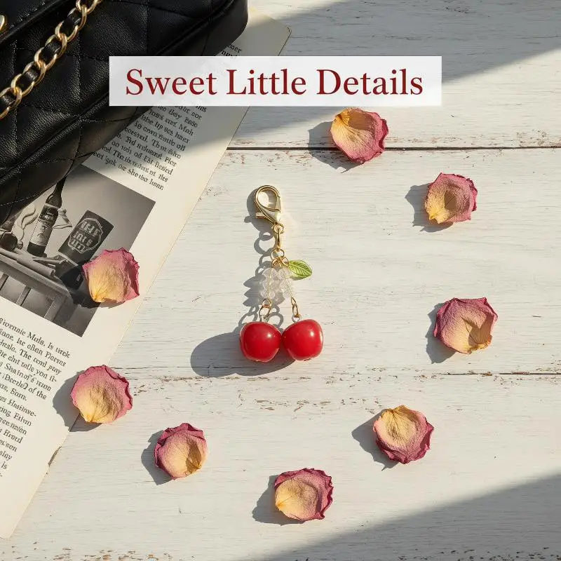 3D Glossy Cherry Keychain Red Sparkly Crystal Beads Gold Clasp Lovely Bag Decoration for Women Girls