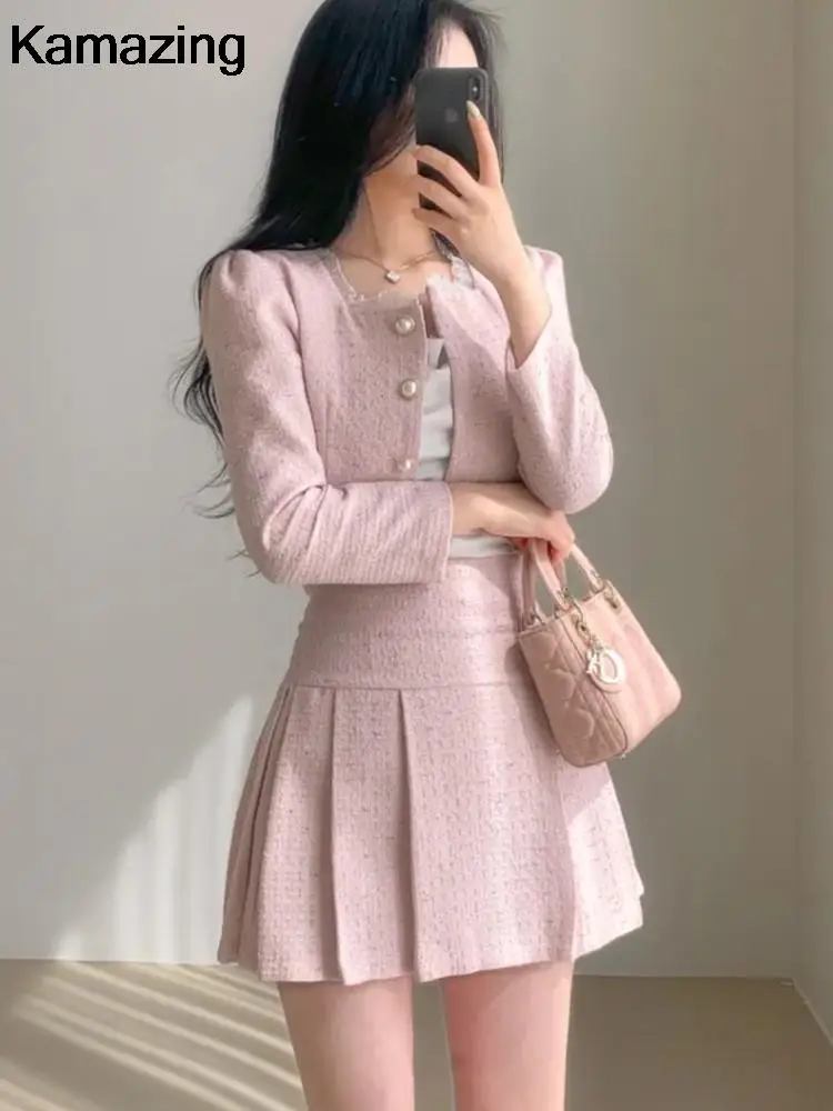 Korean Fashion Elegant Tweed Short Jacket Cropped Coats + High Waist Mini Skirts Suits Autumn New Slim Women Two-Piece Sets