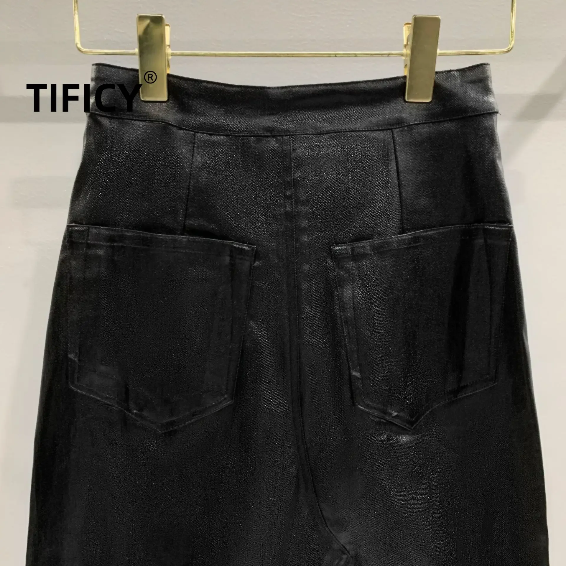 TIFICY-Jupe Taille Haute en Pu pour Femme, Tenue Simple en Denim, avec Revêtement Brcorporelle Photosensible, de Style Urbain