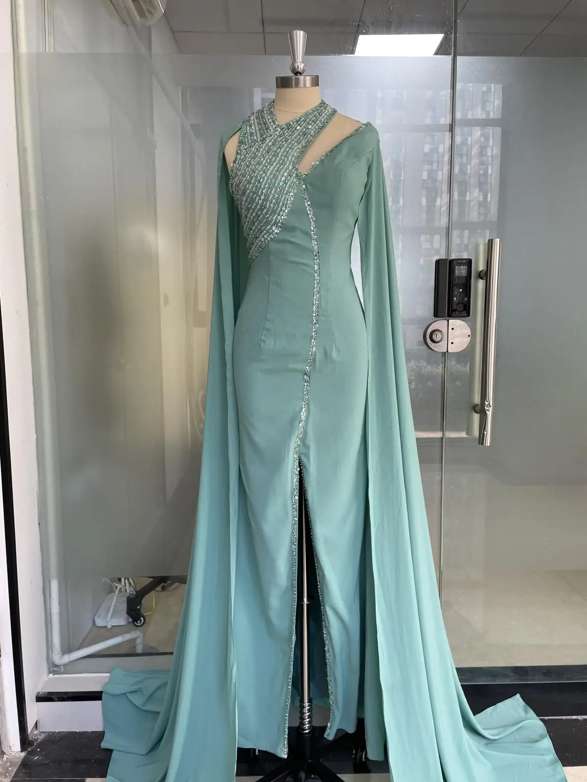 

Customized Saudi Turquoise Ball Gowns V Neck Pleated Floor Length Watteau Train Wedding Guest Party Formal Evening Dresses