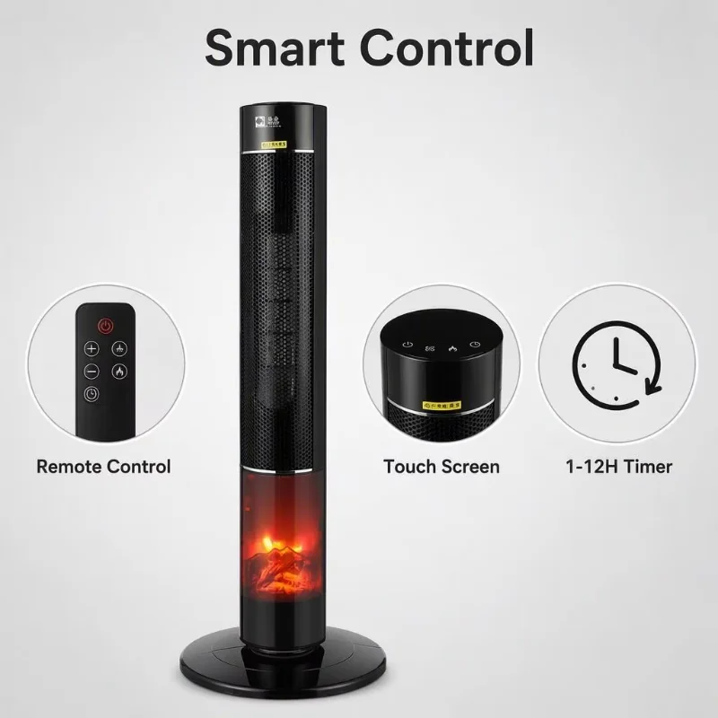 Smart Vertical PTC Fan Heater with Simulated Flame Remote Control Quick Heating for Bathroom