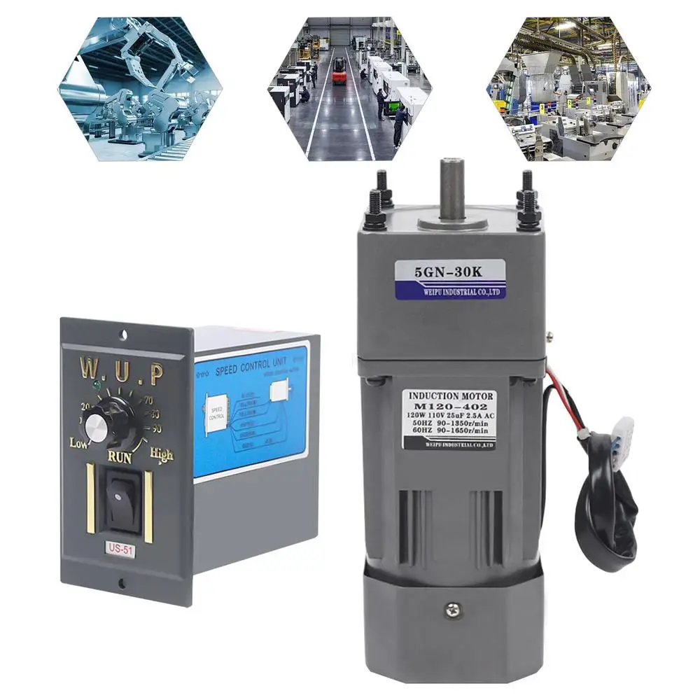 120W Electric Motor Adjustable Speed Controller Reducer Geared Motor Large Torque Reduction Motor Home Office Use Packaging