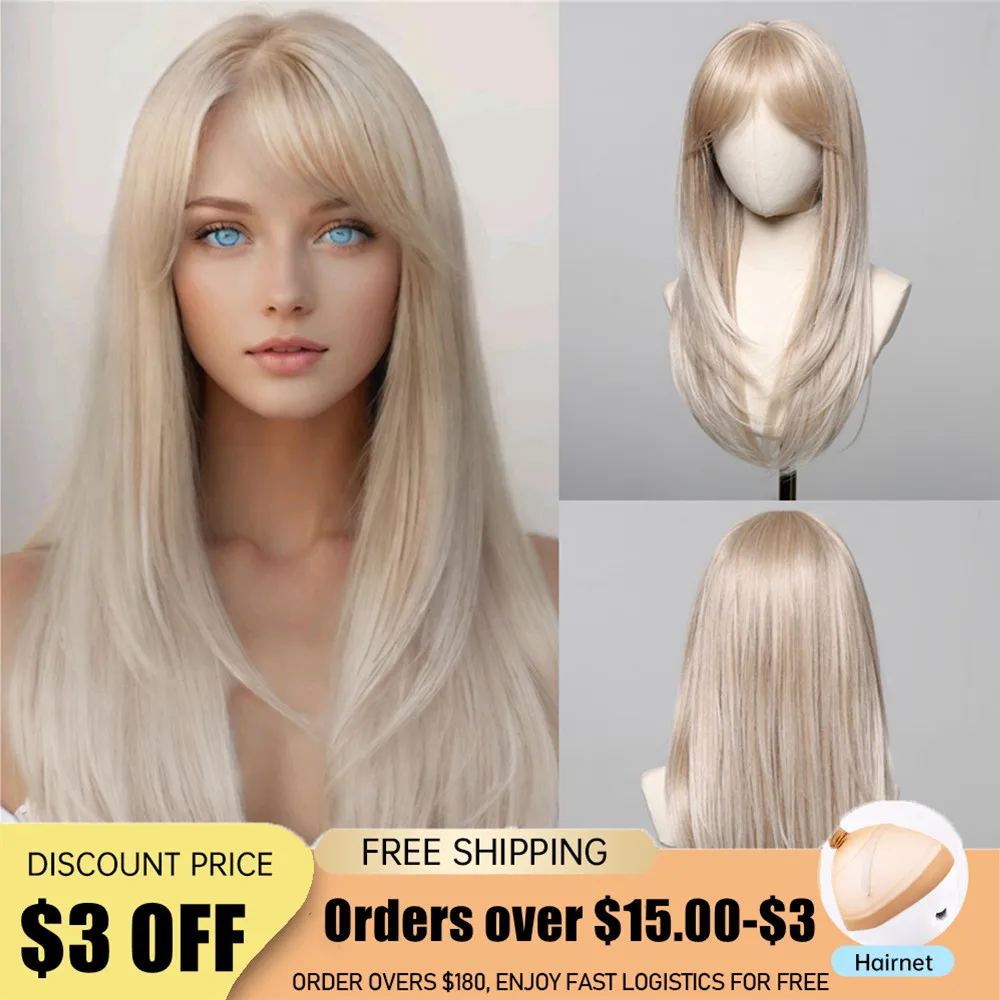 

ALAN EATON Blonde Layered Synthetic Wigs with Bangs Long Straight Wig for Women Girls Soft Natural Daily Hair Heat Resistant Wig