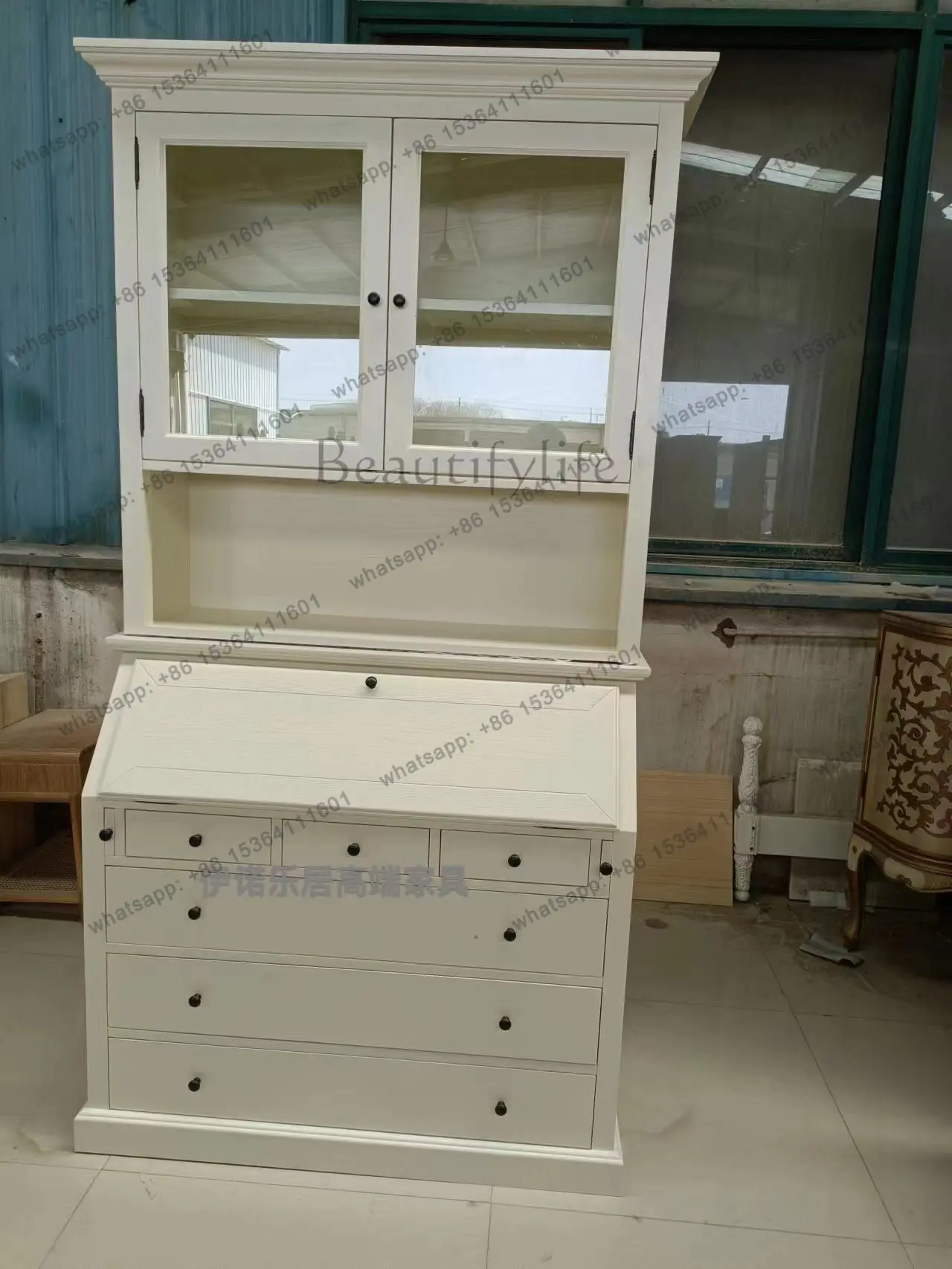 

American solid wood desk bookcase combination retractable multi-function clamshell file cabinet