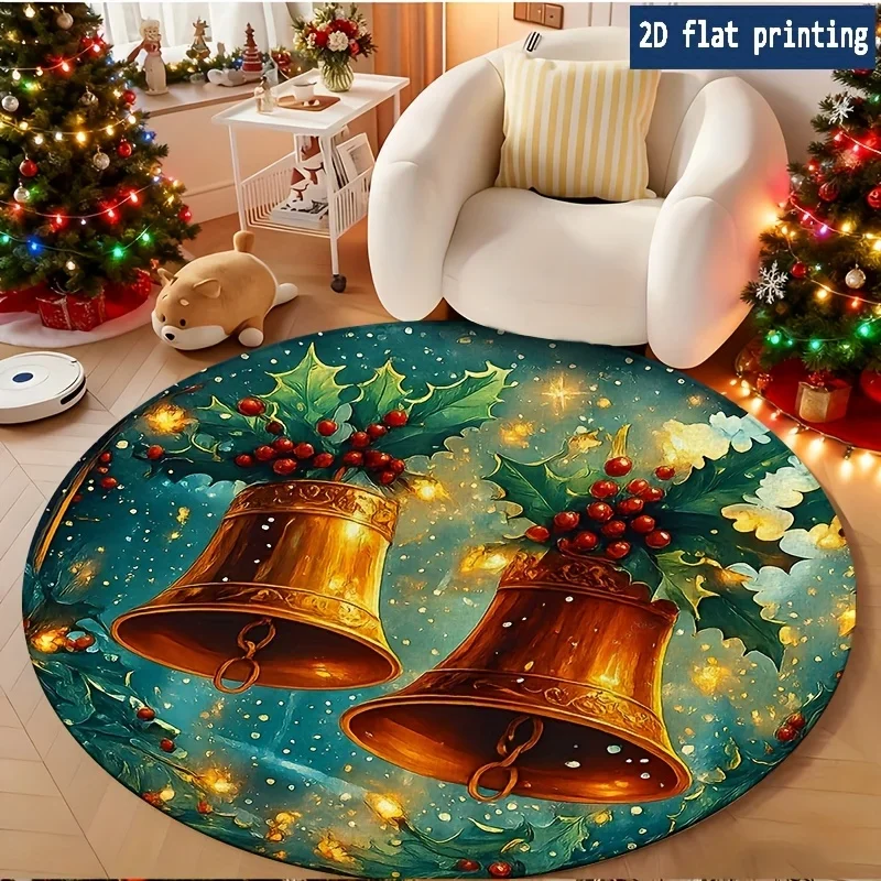 Christmas Bells Holiday Seasonal Round Area Rug Xmas Decor Festive Gift for Living Room Floor Mat