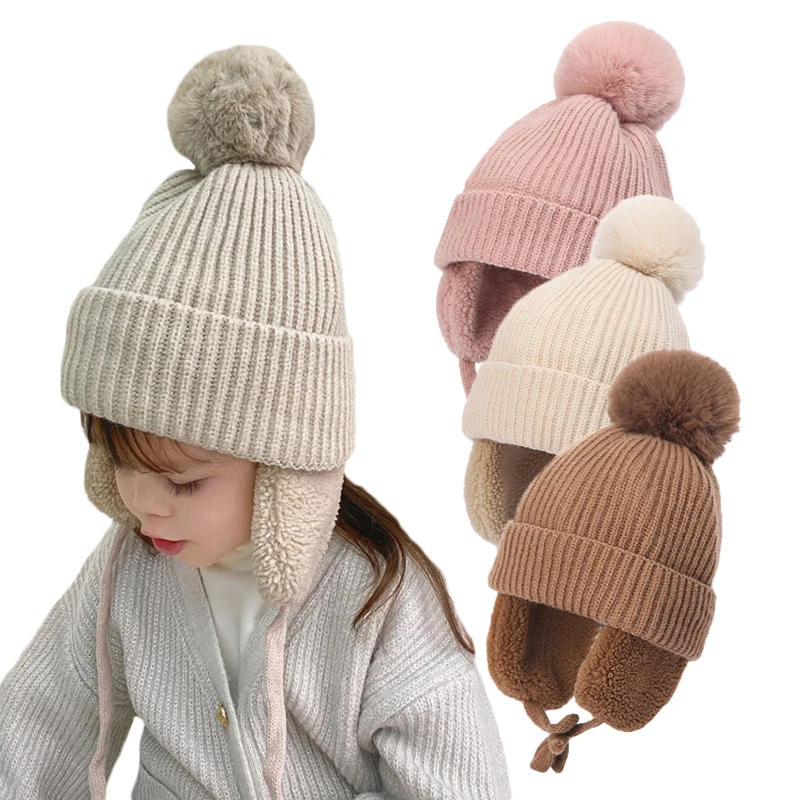 2-7Y Winter Thick Baby Hat Big Pompom Beanie with Earflap Wool Plush Children\'s Knitted Cap for Girls Boys Warm Kids Accessories