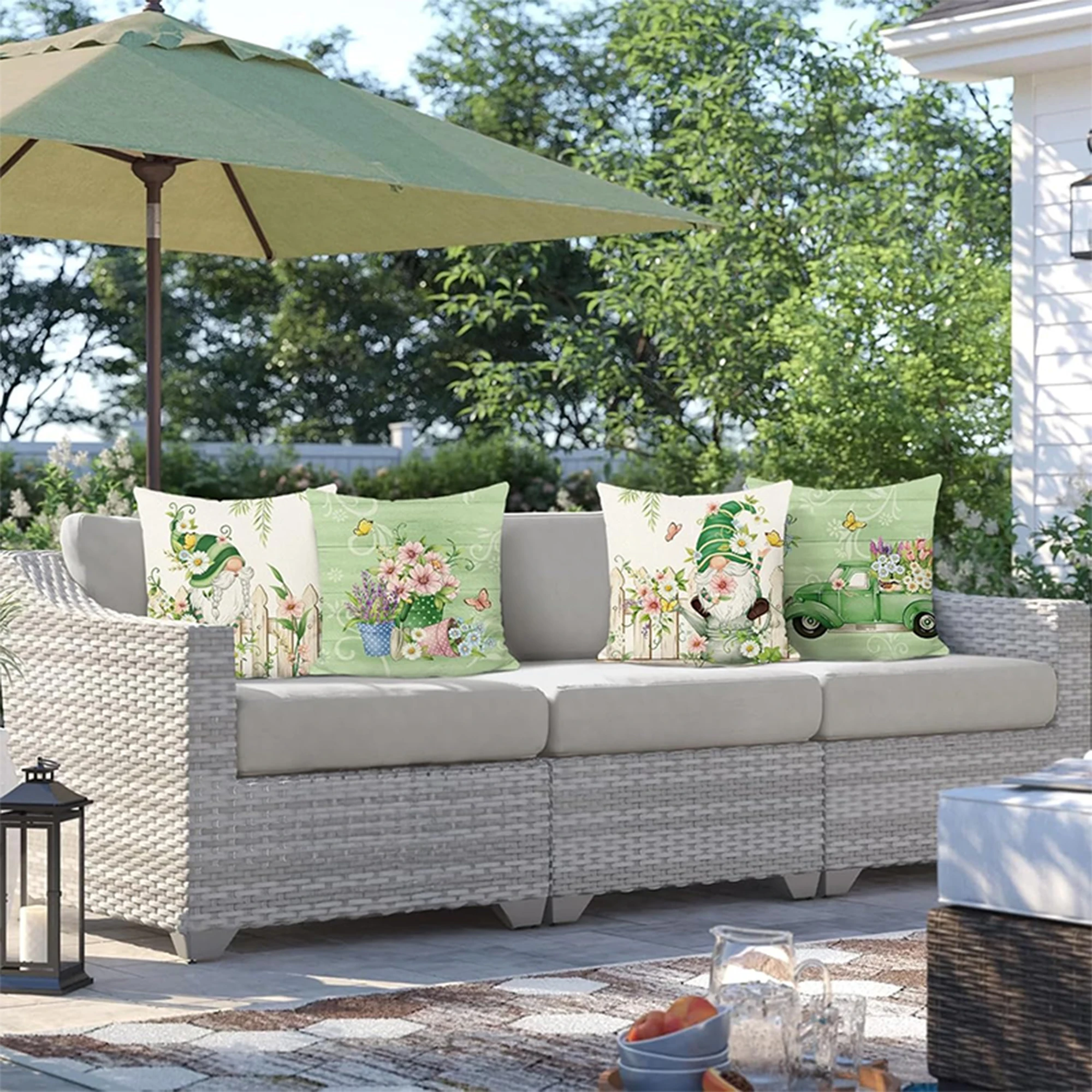 Garden Gnome Pillow Covers Set: Boho Floral & Green Truck Vibes，Sofa cushion cover, home room decoration Short plush material