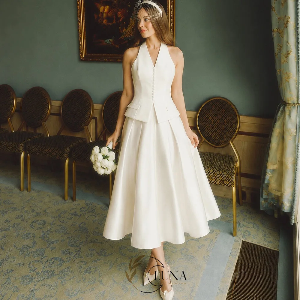 Luna 2 Pieces French Civil Wedding Dresses V-Neck Sleevelss Single Breasted Vest with Dress Customized Satin Tea-Length Dress