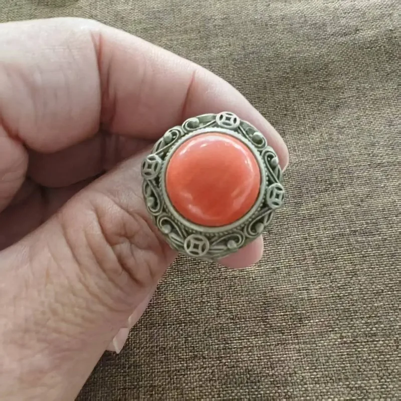 Unisex Boho Tribal Adjustable Ring Openwork‑Scroll‑Engraved Oval Imitation Coral Cabochon Retro Ethnic Finger Ornament