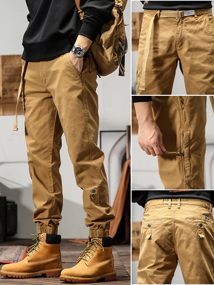 

Мужские хлопковые повседневные брюки с американской талией в стиле ретро, осенние брюки с 9 очками, облегающие рабочие брюки, дышащие, удобные