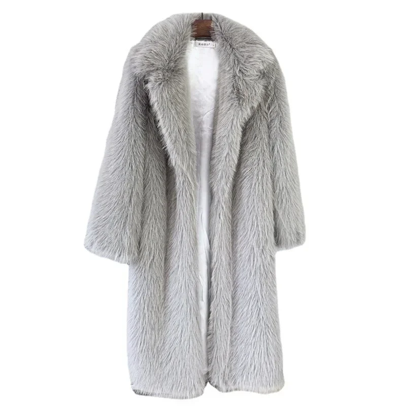 White Long Faux Fur Coat Women Autumn Winter Large Jacket Overcoat Turn Down Collar Pockets Thick Coat Warm Jackets Maxi Coats