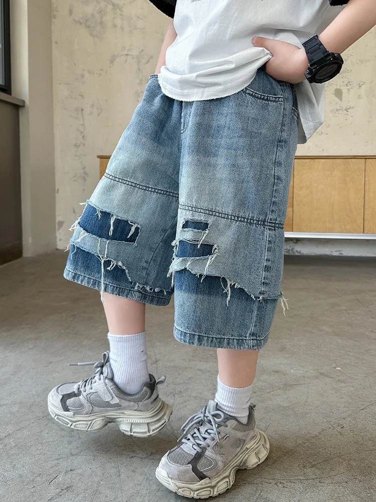 Teenage Boys Summer Denim Shorts Trendy Cool Handsome Punch Stacked Five-Quarter Pants for 4-14 Years Old Kids