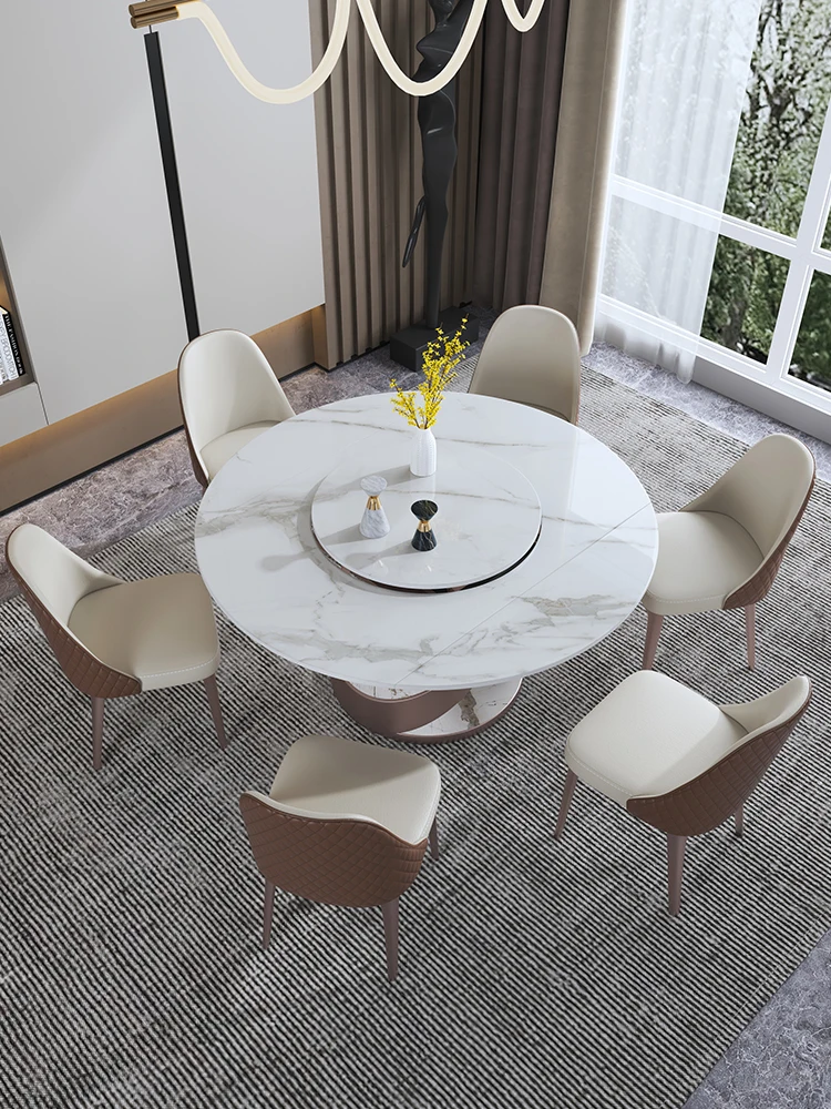 Light luxury rock plate round table small apartment modern simple household bright surface rotating table and chair combination