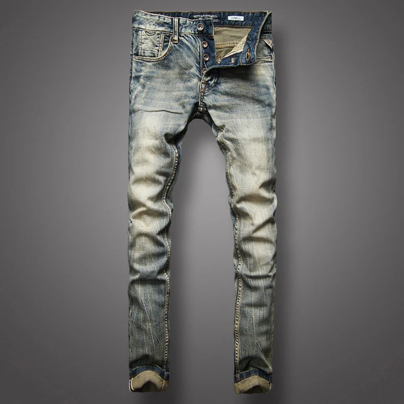 

Italian Style Fashion Men Jeans High Quality Retro Washed Blue Stretch Slim Fit Designer Ripped Jeans Men Vintage Denim Pants