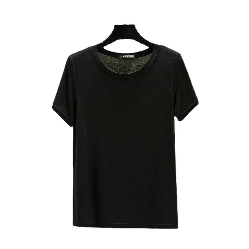 Modal O-Neck T-shirt Short sleeves Lady Summer Casual Basic Tshirt Solid color Loose Tee Tops bottoming tees