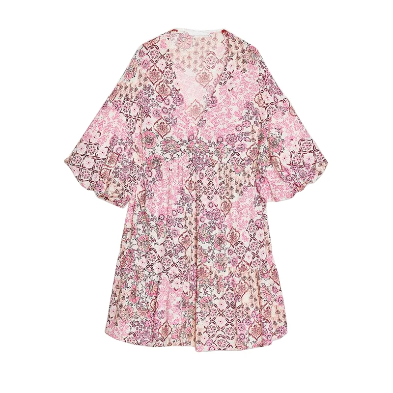 Vestido f de verão, novo, em camadas, com decote em V, manga bufante estampada,  vestido casual, cintura solta, fi...