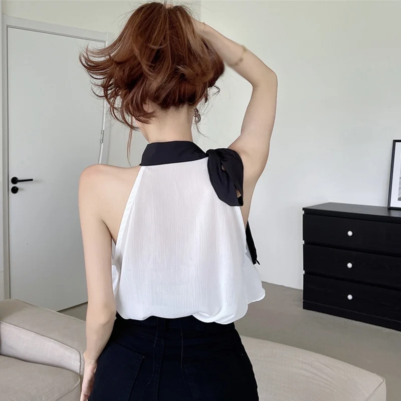 Summer Women\'s Top Off The Shoulder Chiffon Sleeveless Shirt Hanging Neck Cool And Simple Versatile Shirt