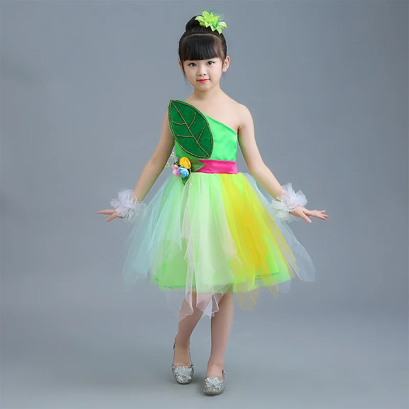 Girl's Stage Performance Fancy Dress Sleeveless One Shoulder Dance Gauze Dresses Fashion Children Traditional Folk Dancewear