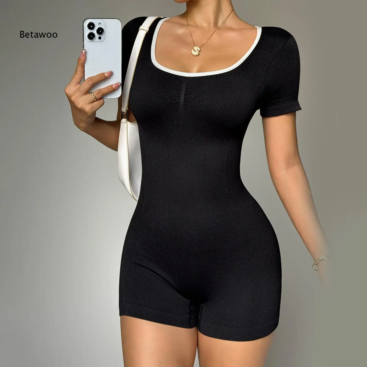 Casual Daily Wear Square Neck Contrast Edge High Stretch Ribbed Jumpsuit