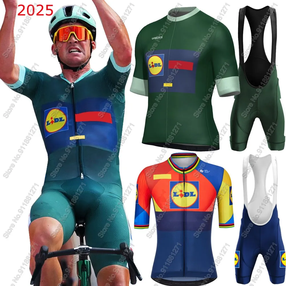 

Зеленый Lidl 2025 Spain Tour Team Велосипедный трикотаж с коротким рукавом Одежда США Рубашки для шоссейного велосипеда Костюм Велосипедные нагрудники Шорты MTB Одежда Ropa