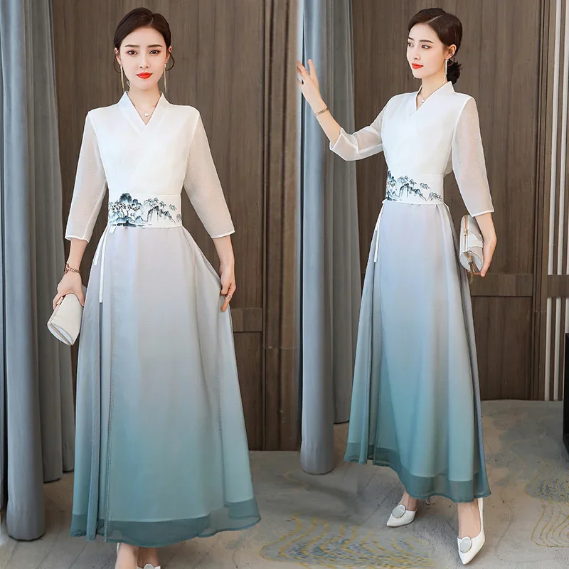 

Vintage Style Hanfu Women Chinese Dress Traditional Long Qipao Asian Dresses Female Eleganti Slim Zen National Harajuku Clothing