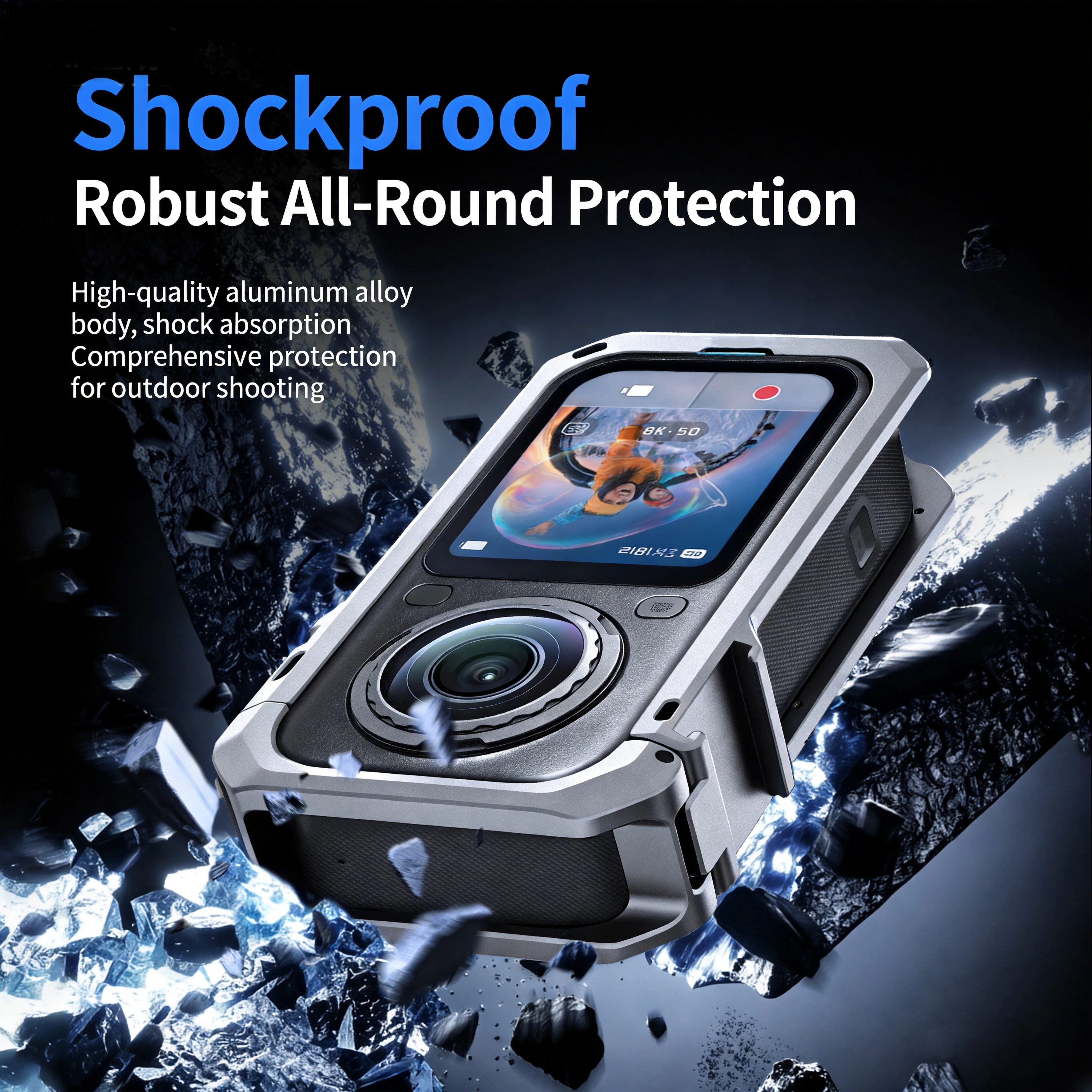 Aluminiowa ramka ochronna do Insta360 X6, metalowa obudowa ochronna z ramką rozszerzającą, osłoną obiektywu, mocowaniem typu cold shoe i adapterem na śrubę 1/4". — zdjęcie produktu 3
