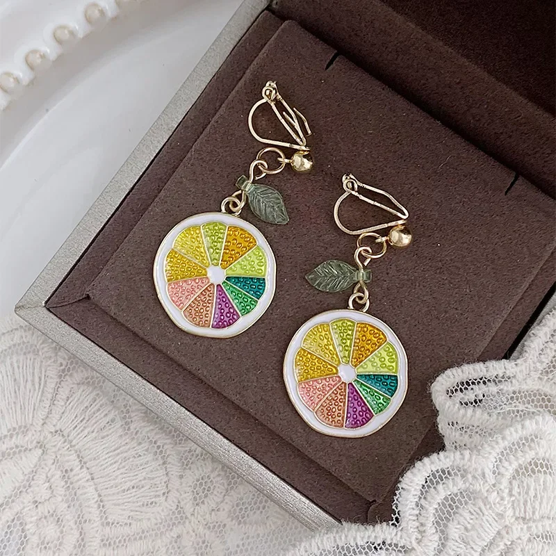 Small Fresh Summer Sweet Lemon Earrings Korean Cute Colorful Fruits Orange Clip on For Women Without Piercing Ear Holes