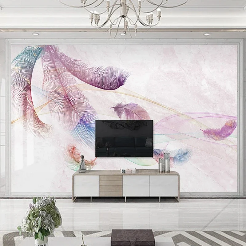Custom Mural Modern Wallpaper Watercolor Pink Feather Line Marble Wall Painting Living Room TV Background Wall Papel De Parede