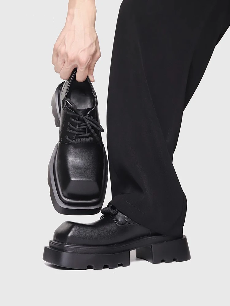 Casual Leather Shoes Men's Design High-End Square Head Thick Bottom Heightening 7CM Leisure Matched  Shoes Trendy